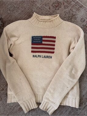 Polo by Ralph Lauren Cream Knit Sweater with American Flag Big Logo